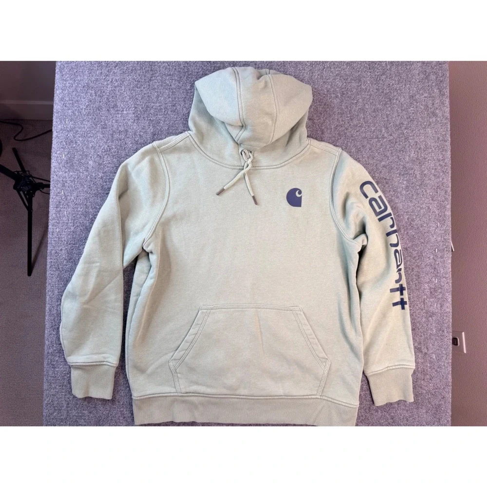 Carhartt‎ Hoodie Large L 12-14 Green Cotton Relaxed Fit Graphic Sleeve Pullover